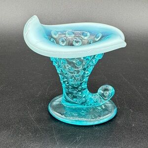 Fenton Blue Opalescent Hobnail Glass Cornucopia Vase